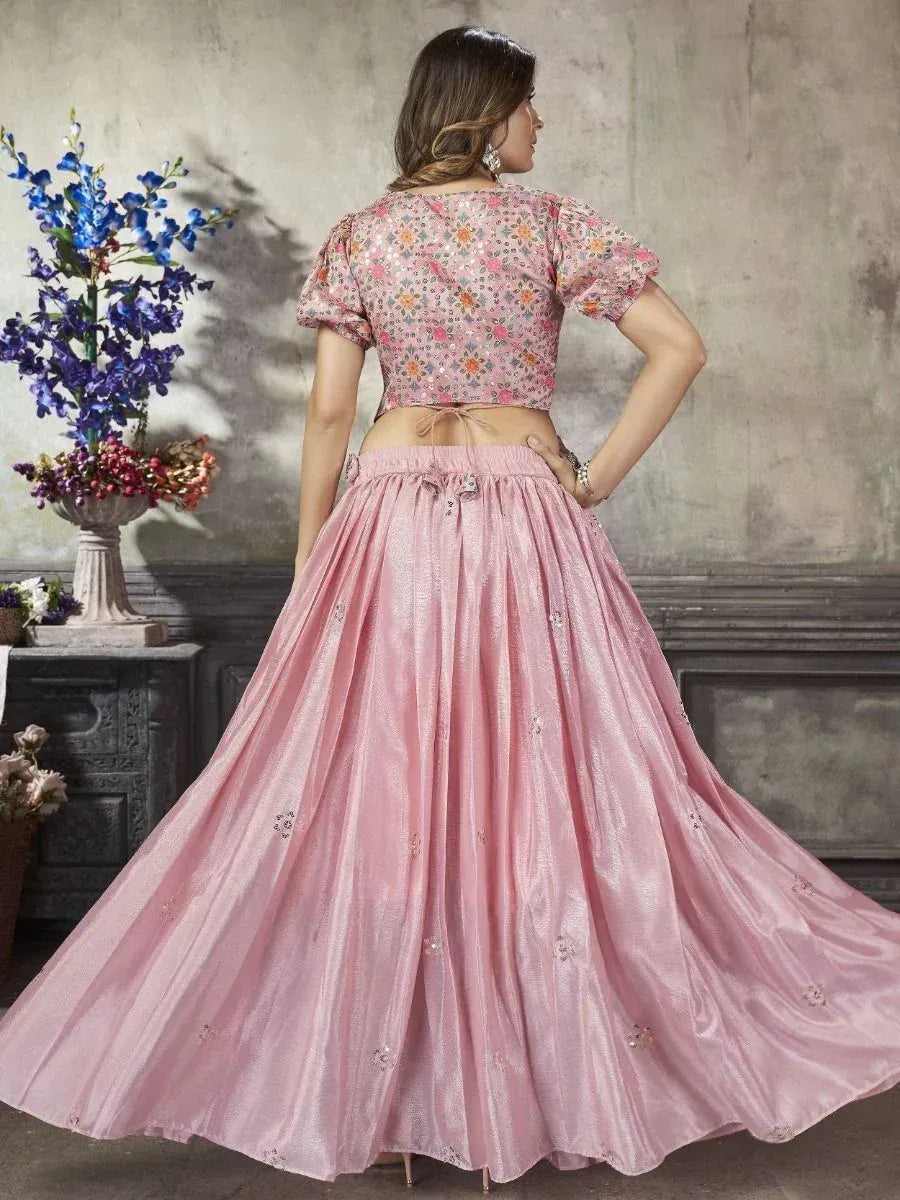 Pink floral lehenga choli with embroidered blouse and flared skirt, perfect for Indian ethnic occasions