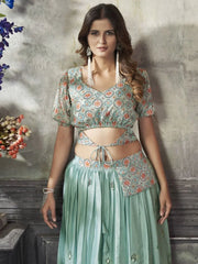 Alluring Sea Green Sequined Silk Ready-To-Wear Crop-Top Lehenga