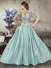 Alluring Sea Green Sequined Silk Ready-To-Wear Crop-Top Lehenga