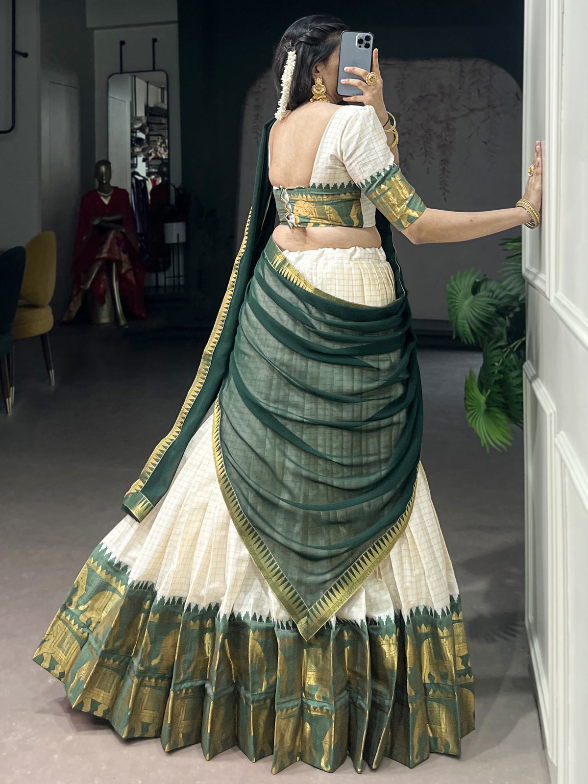 Glorious Bottle Green Zari Weaving Cotton Half Saree Lehenga