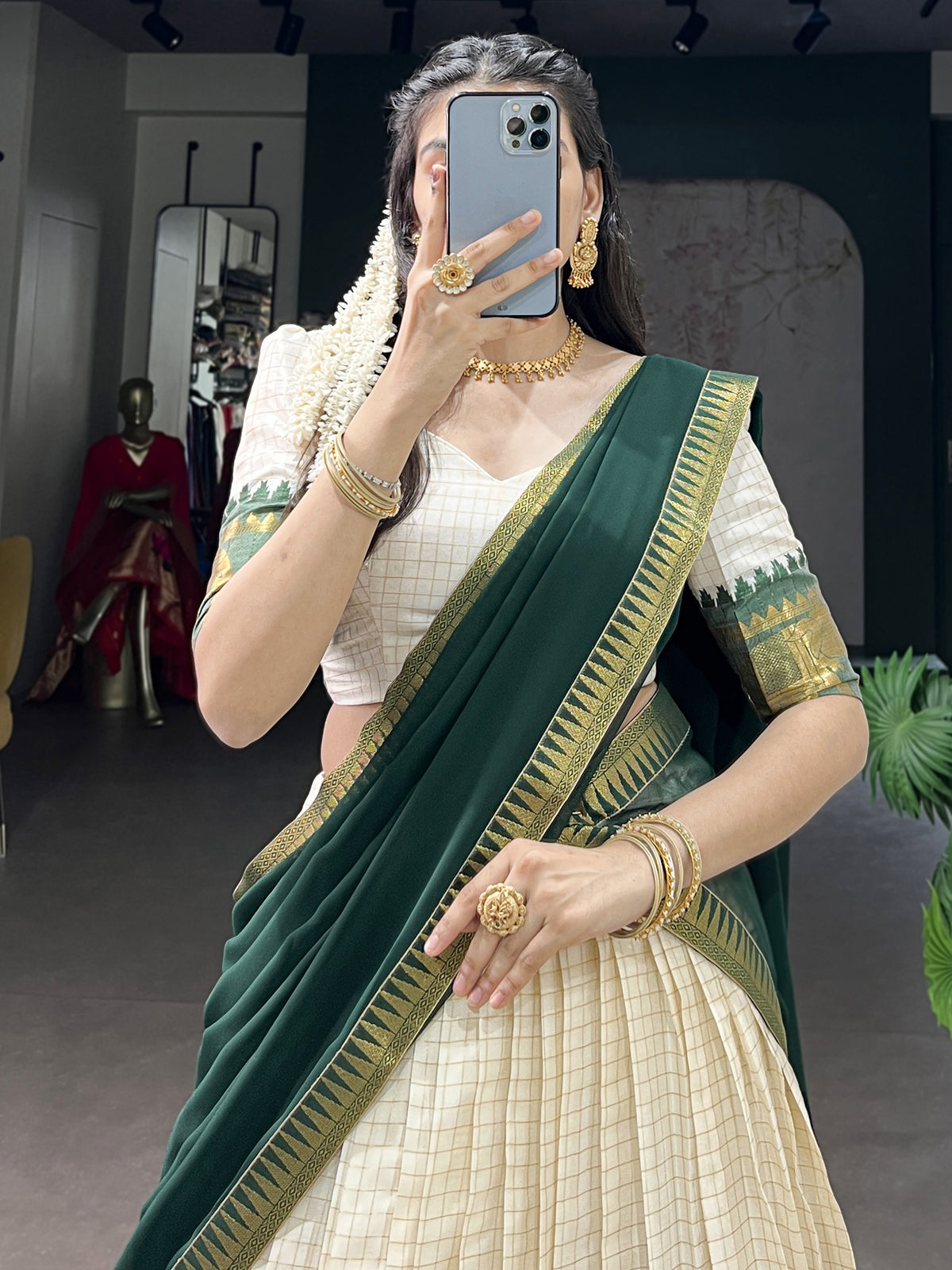 Glorious Bottle Green Zari Weaving Cotton Traditional Half Saree Lehenga