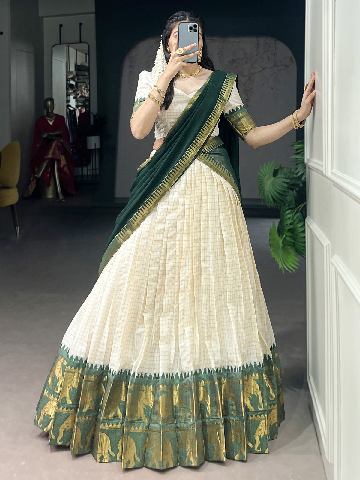 Glorious Bottle Green Zari Weaving Cotton Traditional Half Saree Lehenga