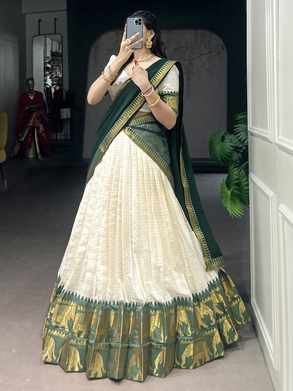Glorious Bottle Green Zari Weaving Cotton Traditional Half Saree Lehenga