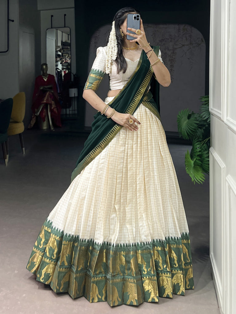 Glorious Bottle Green Zari Weaving Cotton Traditional Half Saree Lehenga