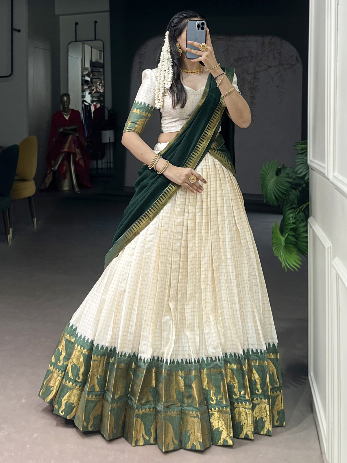 Glorious Bottle Green Zari Weaving Cotton Traditional Half Saree Lehenga
