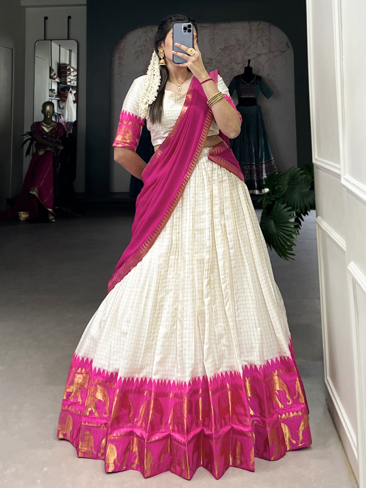 Captivating Rani Pink Zari Weaving Cotton Half Saree Lehenga