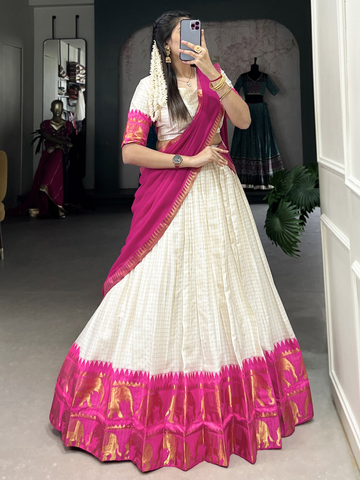Captivating Rani Pink Zari Weaving Cotton Half Saree Lehenga