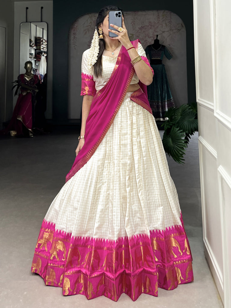 Captivating Rani Pink Zari Weaving Cotton Half Saree Lehenga
