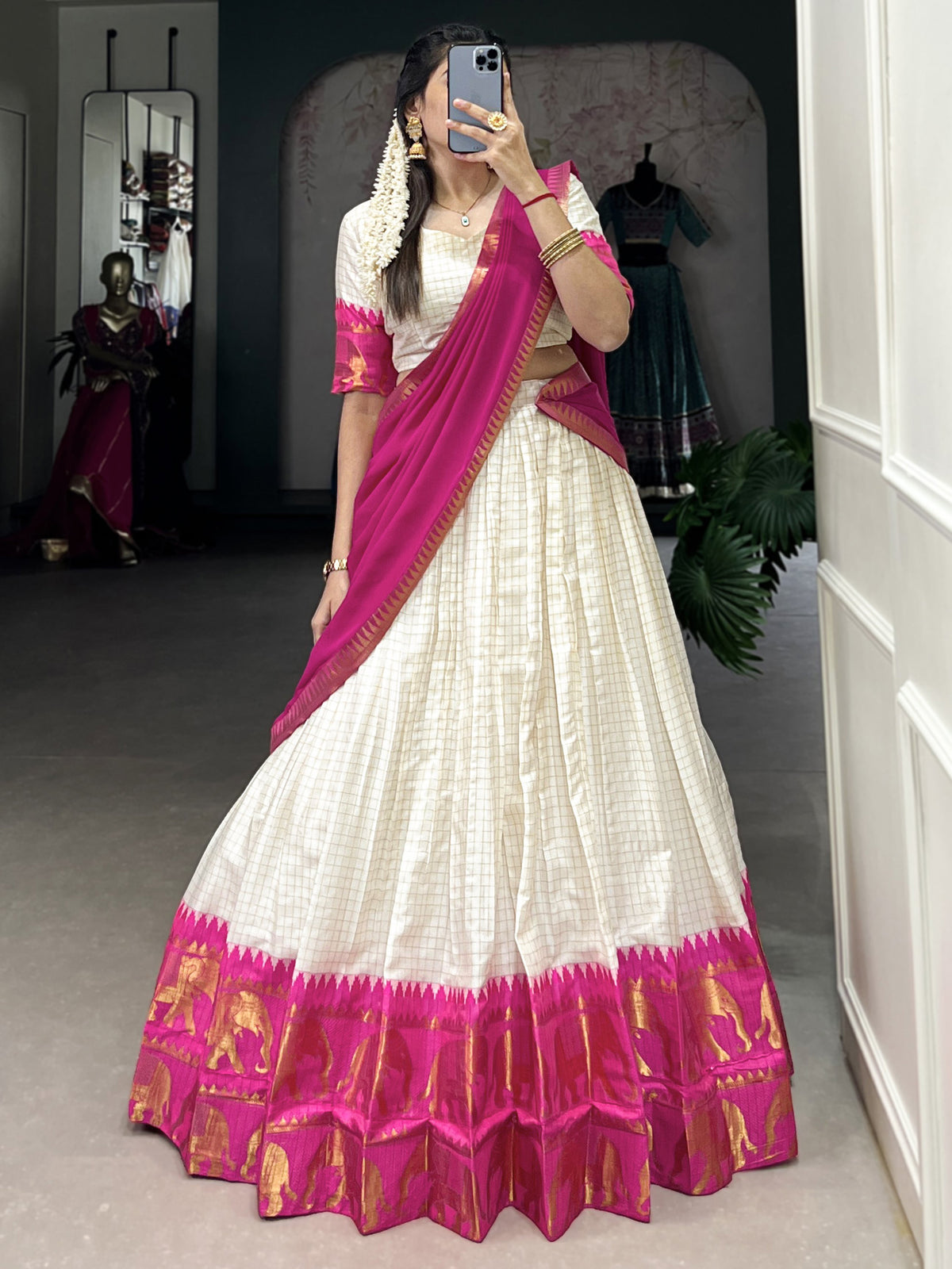 Captivating Rani Pink Zari Weaving Cotton Half Saree Lehenga