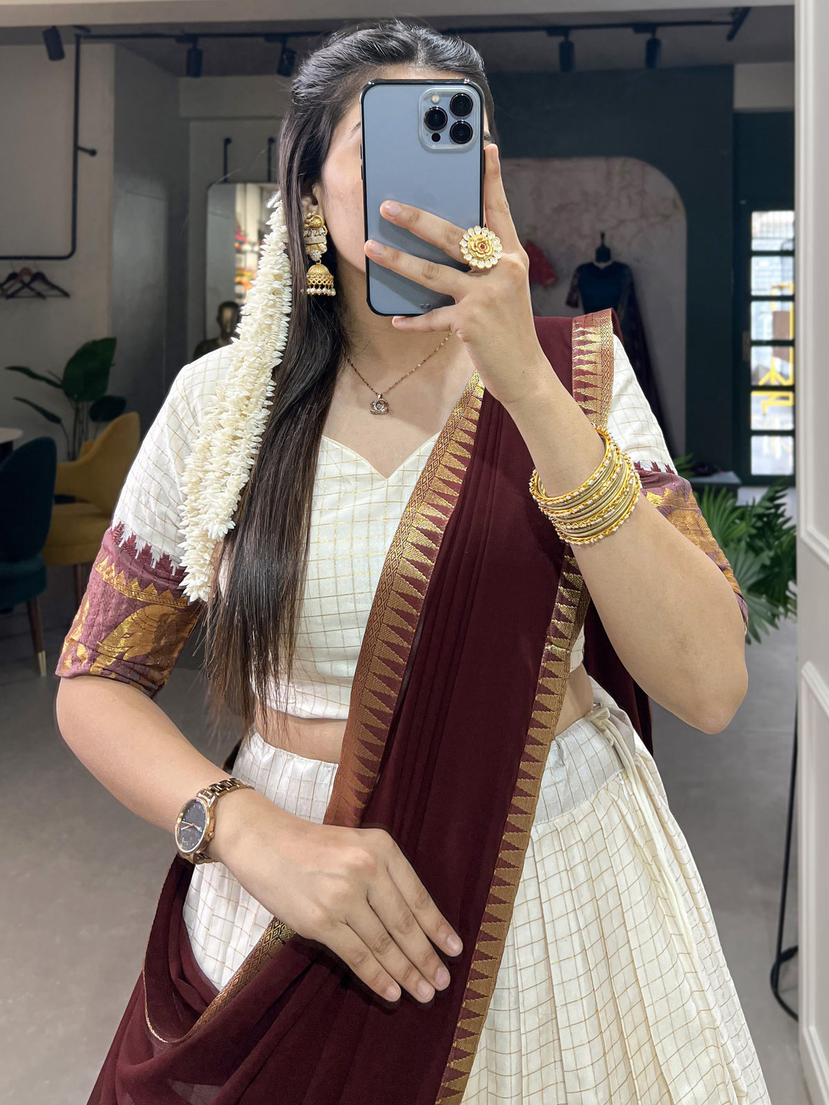 Dazzling Off-White Zari Weaving Cotton Festive Wear Half Saree Lehenga