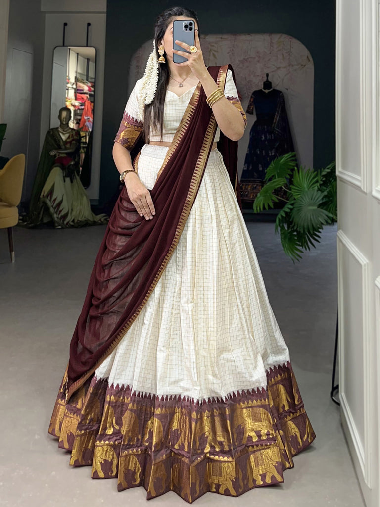 Dazzling Off-White Zari Weaving Cotton Festive Wear Half Saree Lehenga