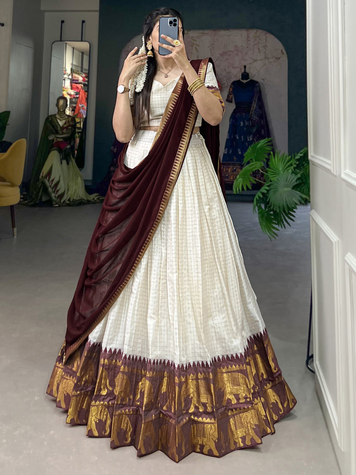 Dazzling Off-White Zari Weaving Cotton Festive Wear Half Saree Lehenga