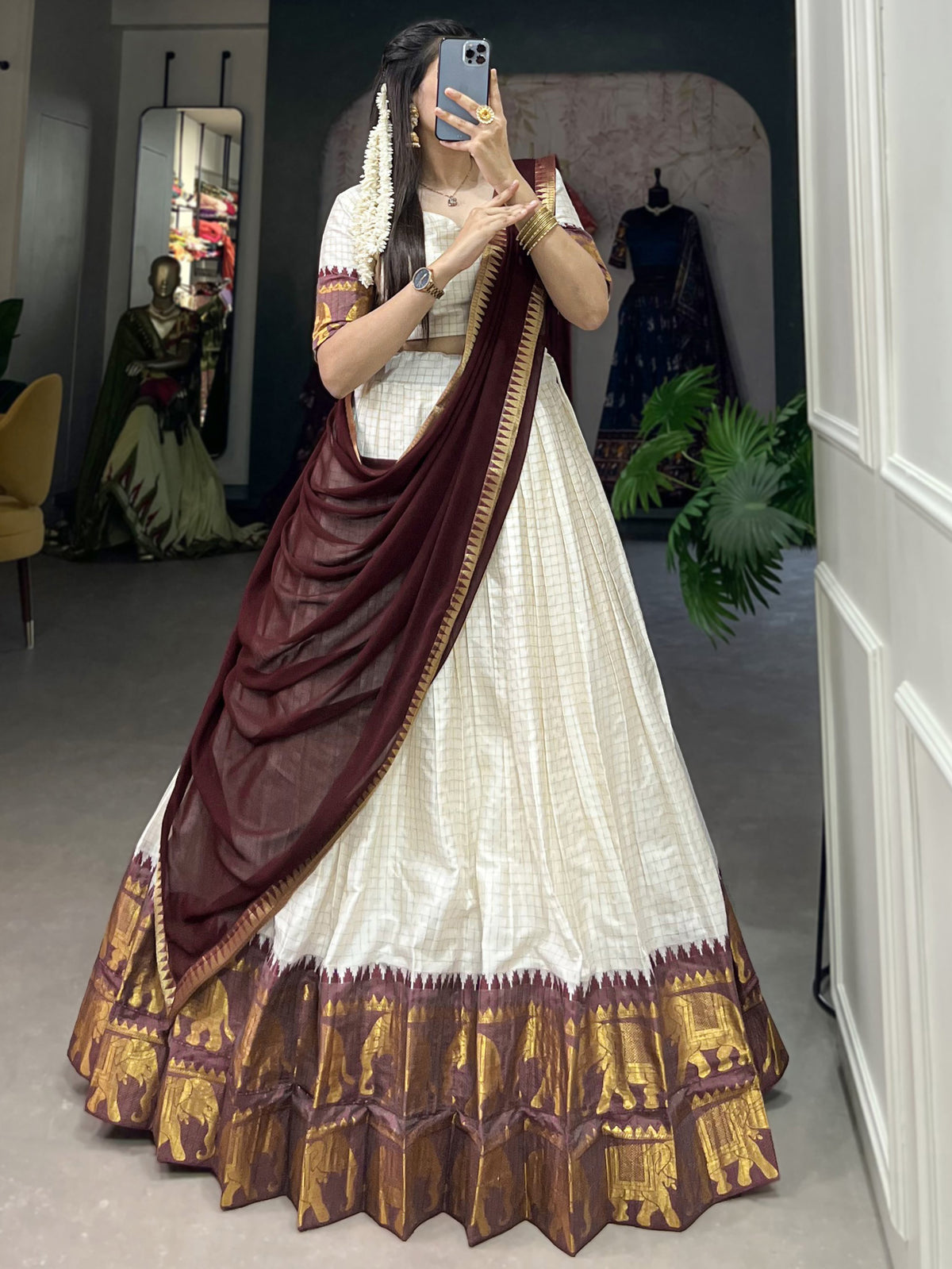 Dazzling Off-White Zari Weaving Cotton Festive Wear Half Saree Lehenga