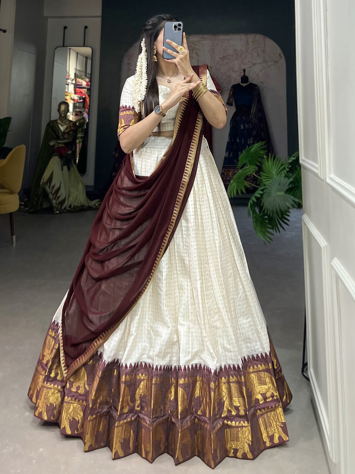 Dazzling Off-White Zari Weaving Cotton Festive Wear Half Saree Lehenga