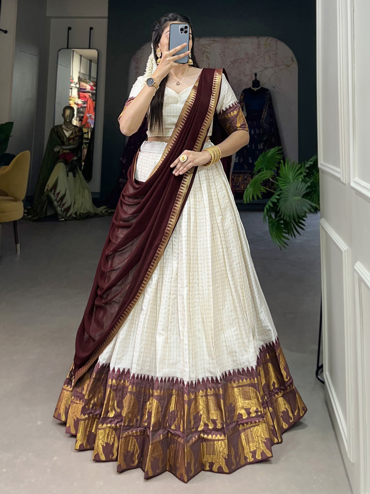 Dazzling Off-White Zari Weaving Cotton Half Saree Lehenga