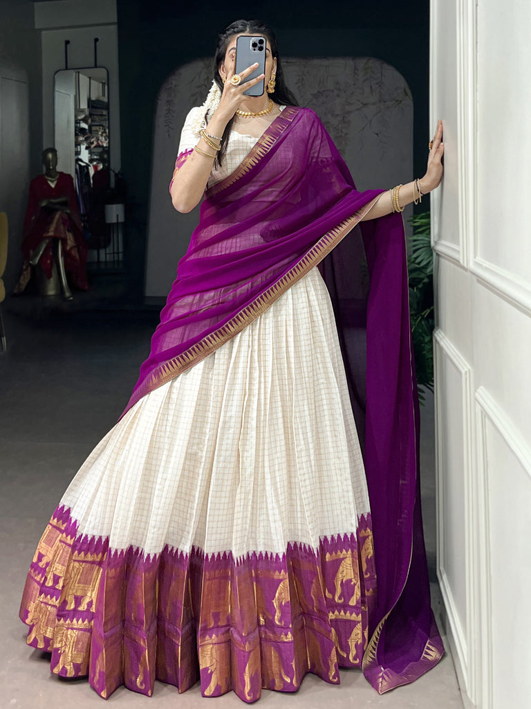 Impressive Wine Zari Weaving Cotton Half Saree Lehenga