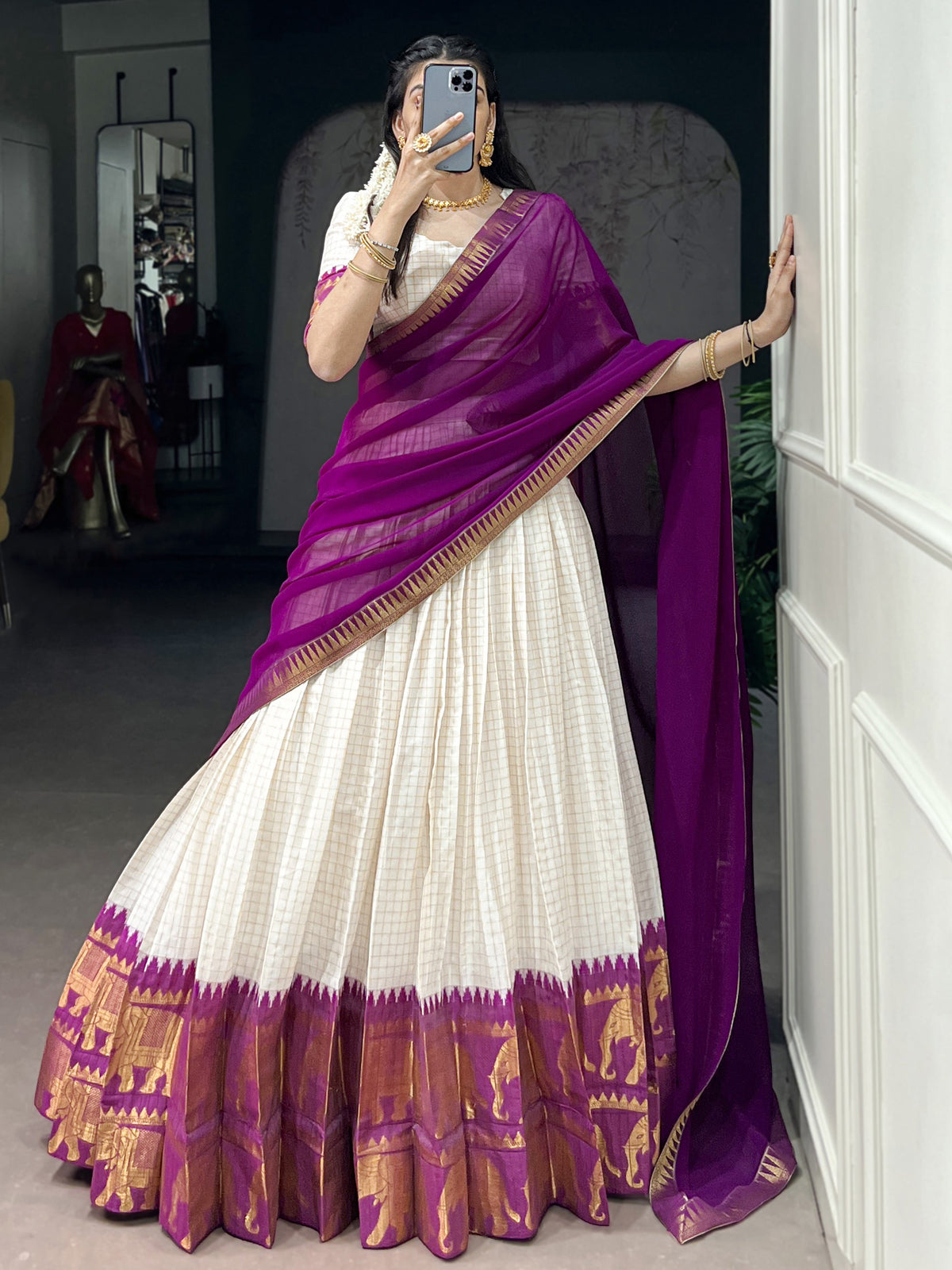 Impressive Wine Zari Weaving Cotton Half Saree Lehenga