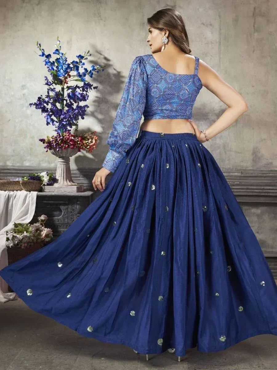 Blue designer lehenga choli with floral print blouse and sequin skirt, ethnic wear for women