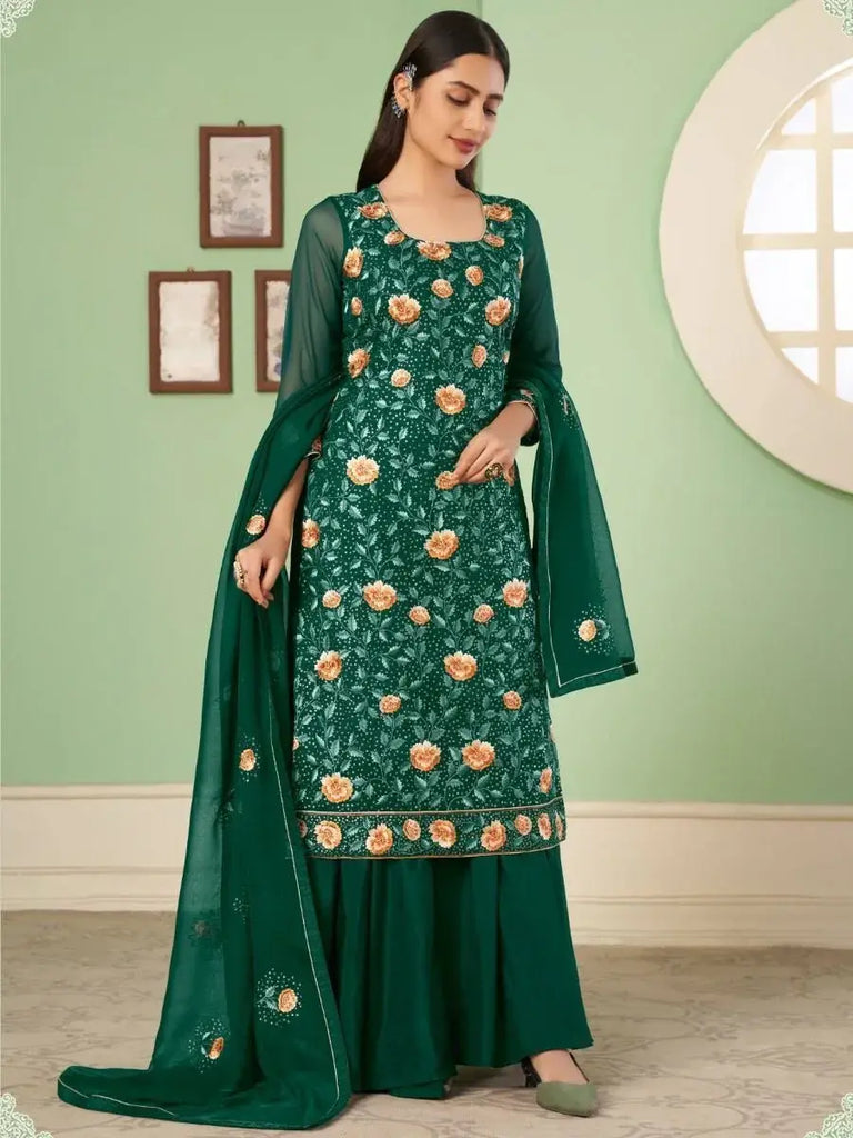 Fascinating Green Sequins Embroidered Georgette Palazzo Suit