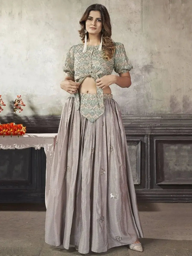 Beauteous Grey Sequined Silk Ready-To-Wear Crop-Top Lehenga