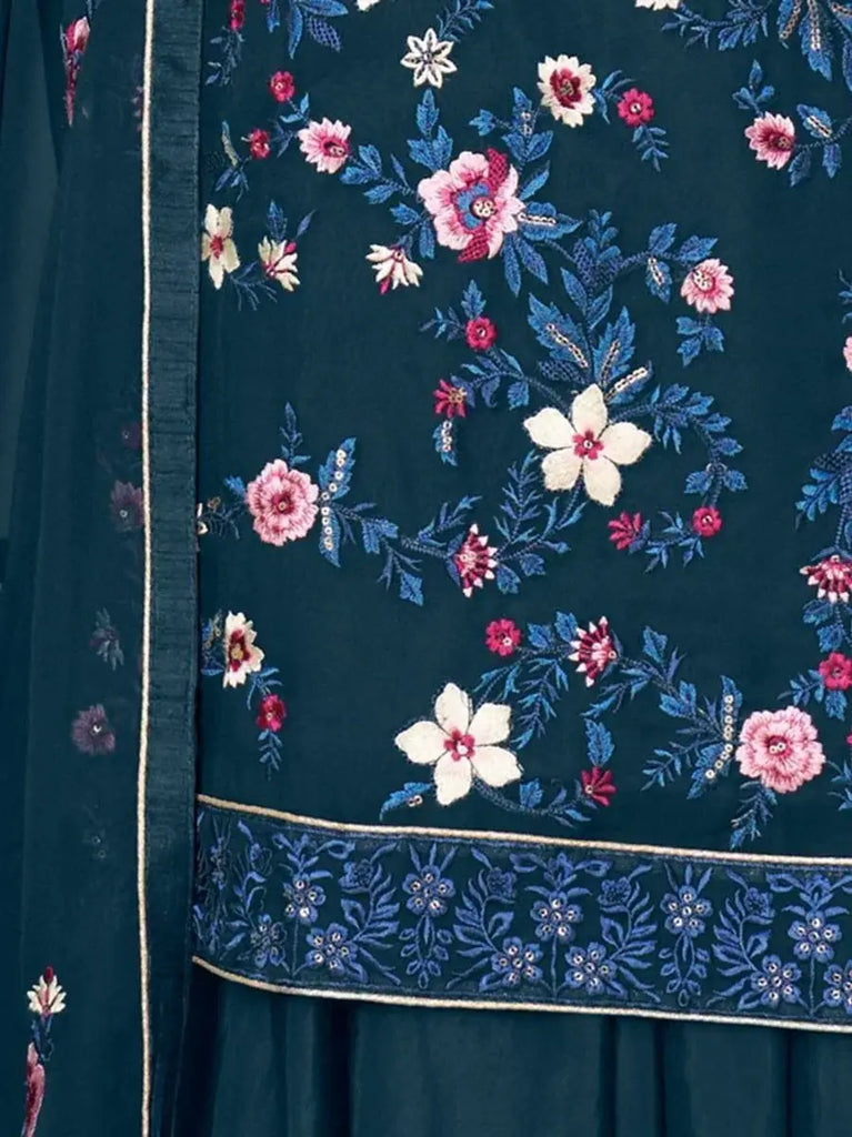 Opulent Blue Thread Embroidery Georgette Festive Wear Palazzo Suit