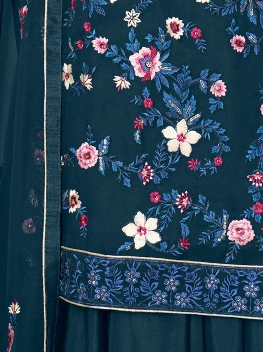 Navy blue ethnic dress with intricate floral embroidery in pink, white, and blue threads
