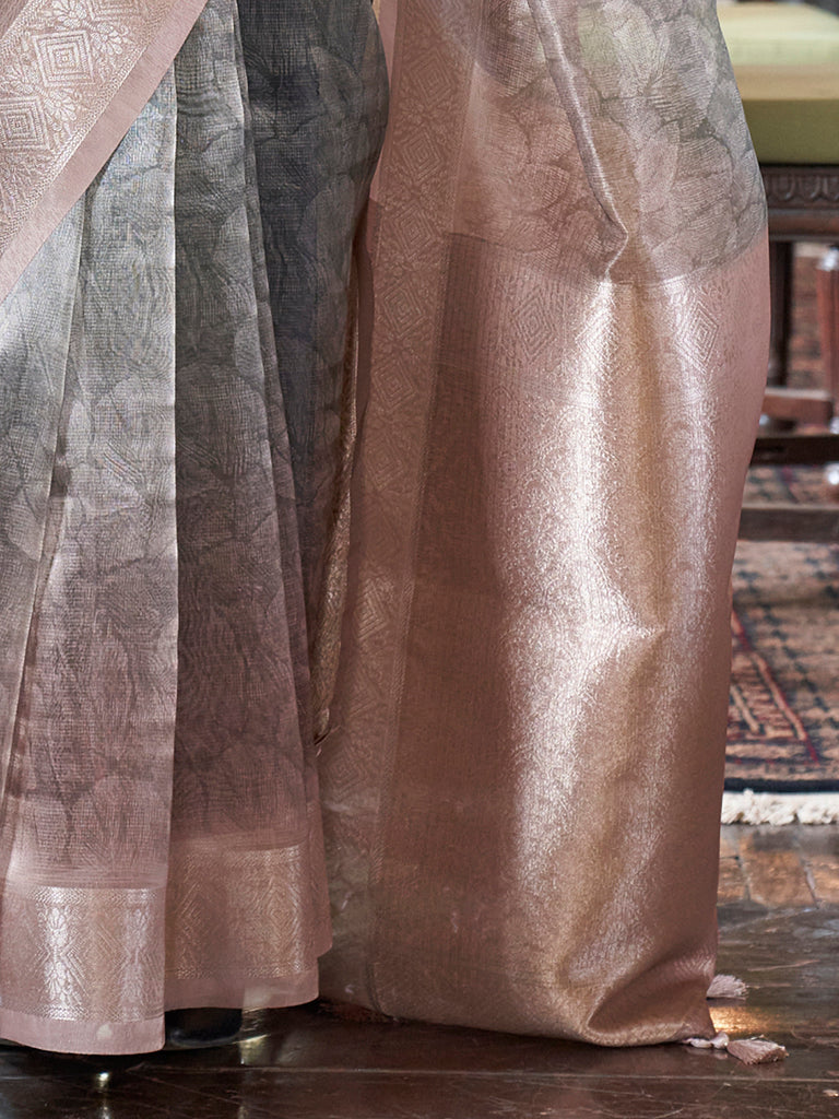 Great Purple And Grey Printed Organza Festive Wear Saree With Blouse