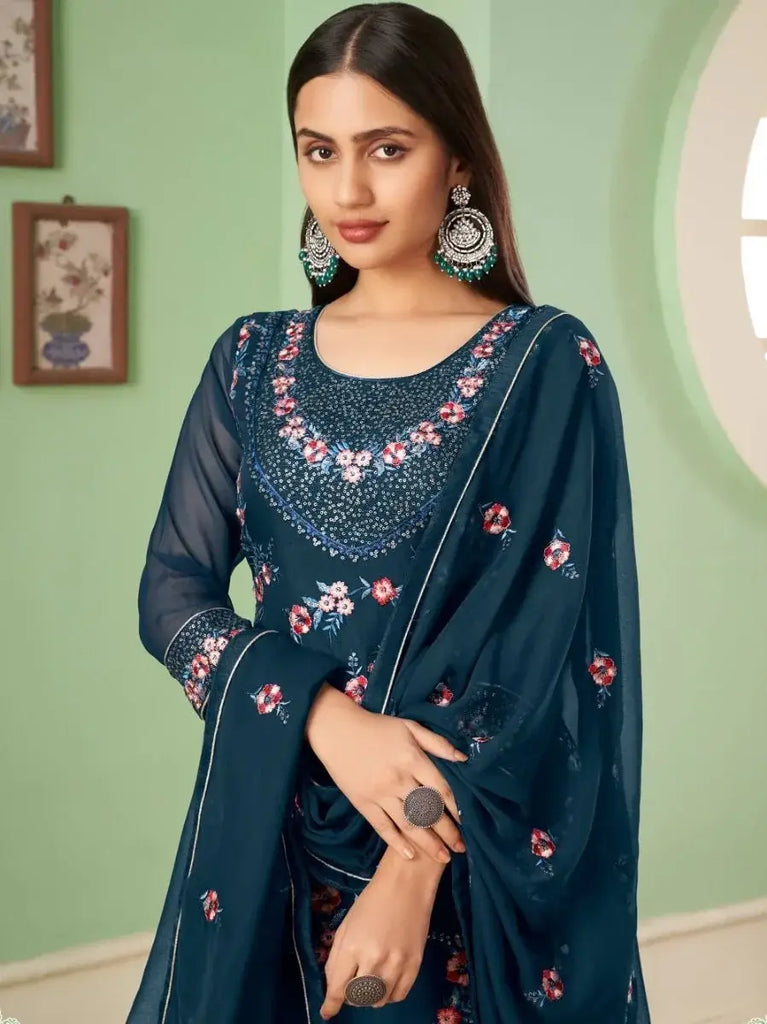 Glamorous Teal Blue Sequins Embroidered Georgette Palazzo Suit