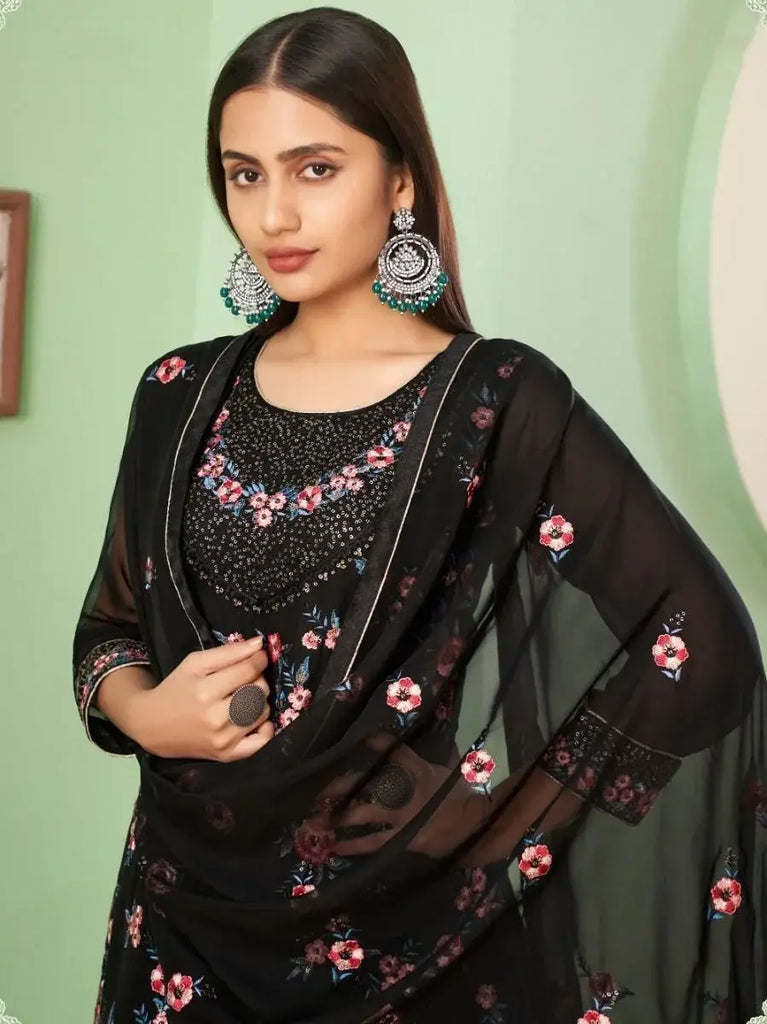 Marvelous Black Sequins Embroidery Georgette Palazzo Suit