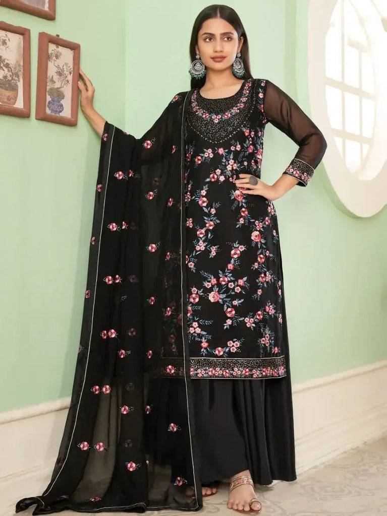 Marvelous Black Sequins Embroidery Georgette Palazzo Suit