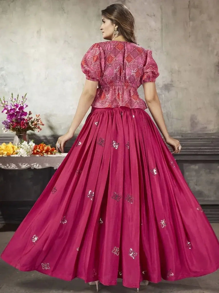 Glamorous Pink Color Sequined Silk Ready-To-Wear Crop-Top Lehenga
