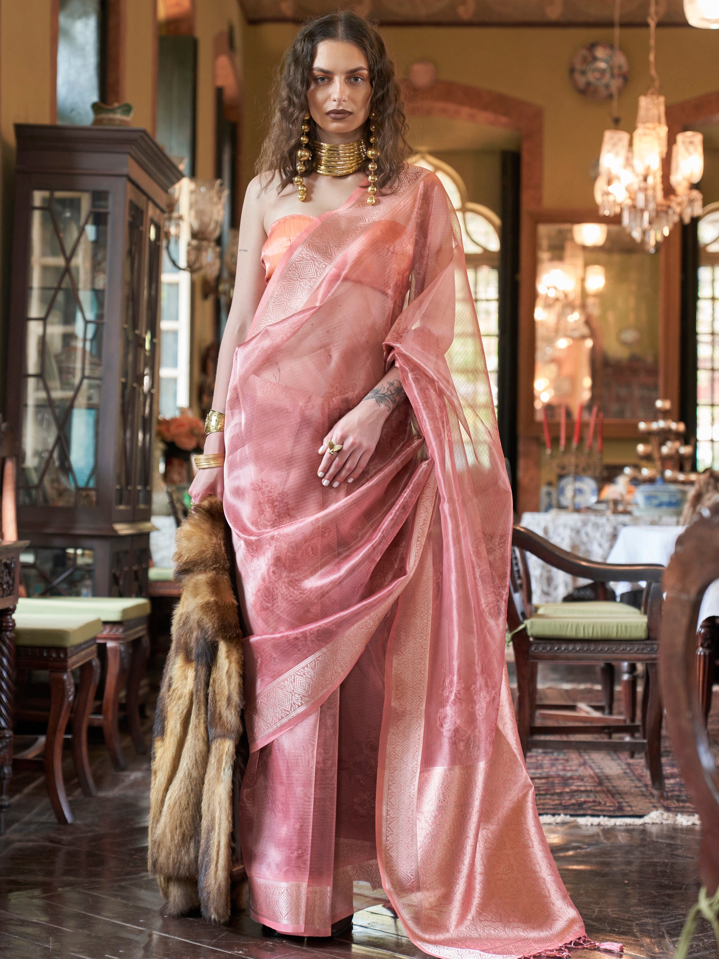 Incredible Peach Printed Organza Function Wear Saree With Blouse
