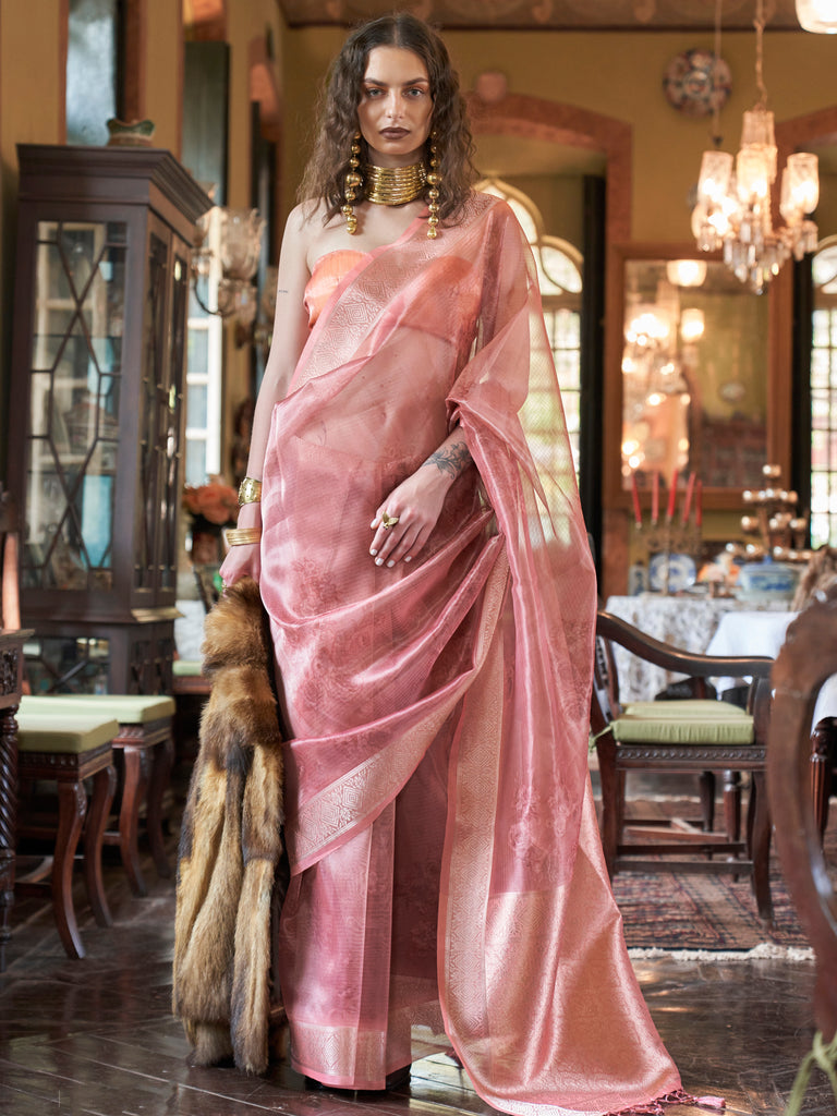 Incredible Peach Printed Organza Function Wear Saree With Blouse
