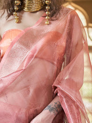 Incredible Peach Printed Organza Function Wear Saree With Blouse