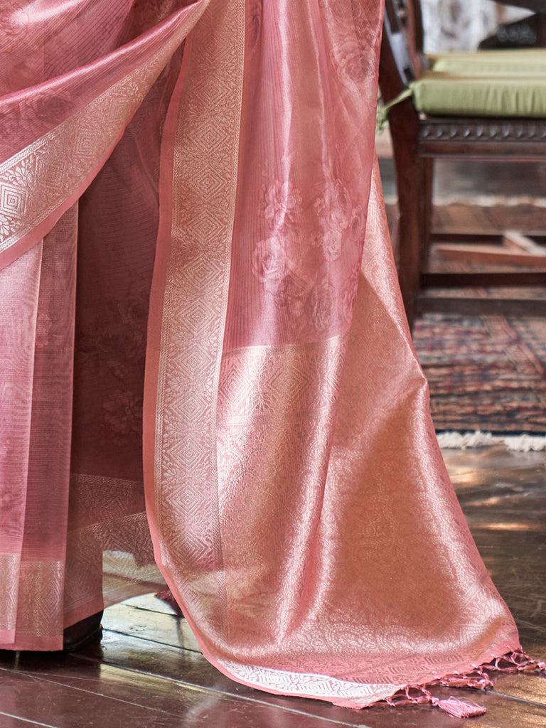 Incredible Peach Printed Organza Function Wear Saree With Blouse