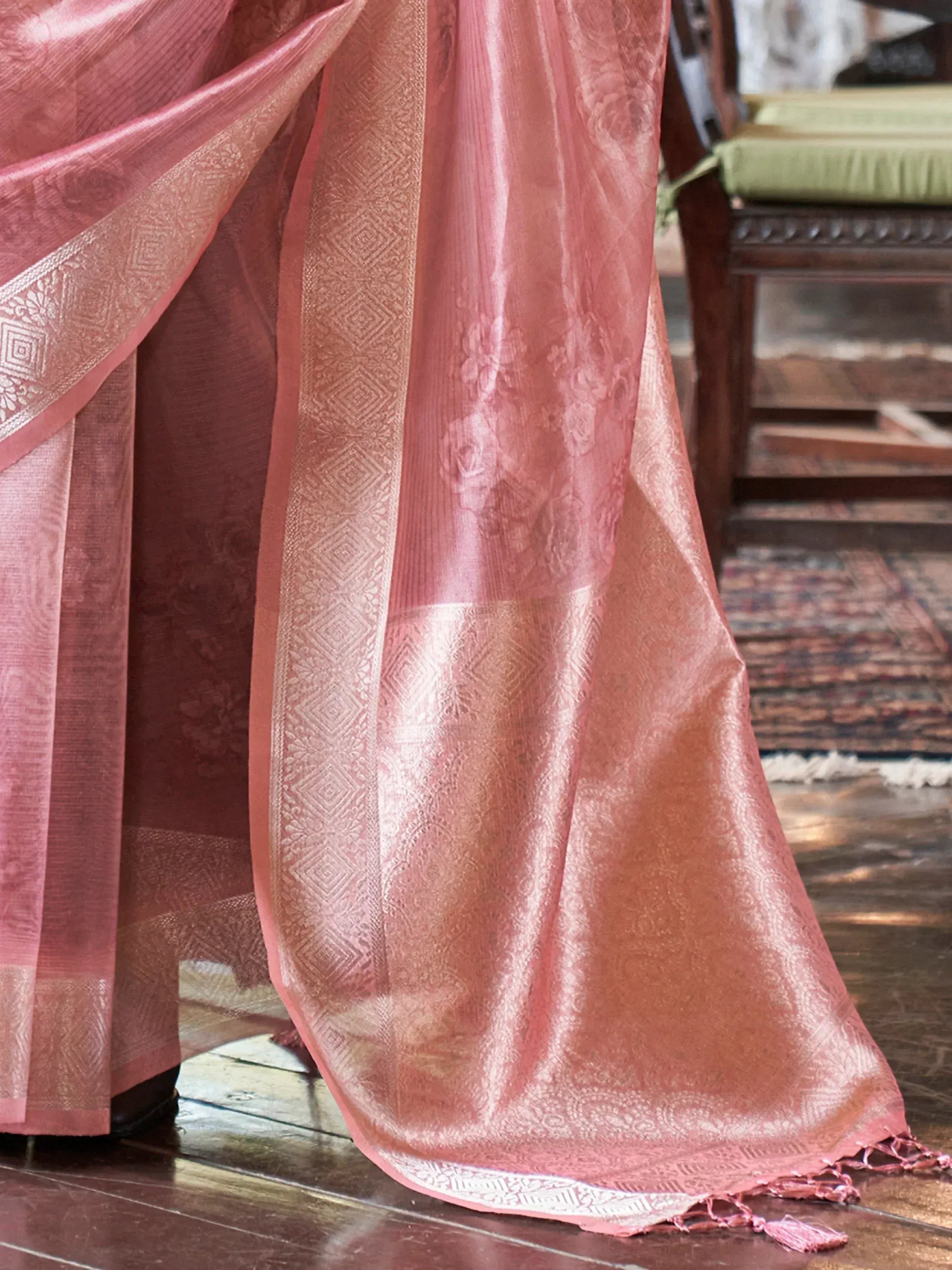 Incredible Peach Printed Organza Function Wear Saree With Blouse