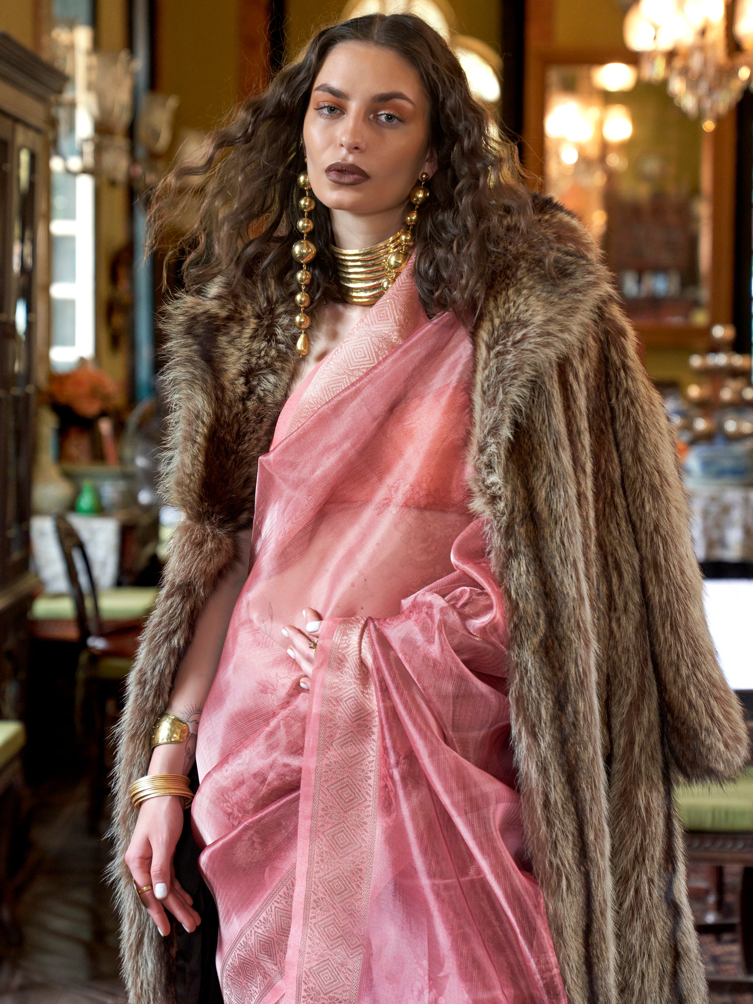 Incredible Peach Printed Organza Function Wear Saree With Blouse