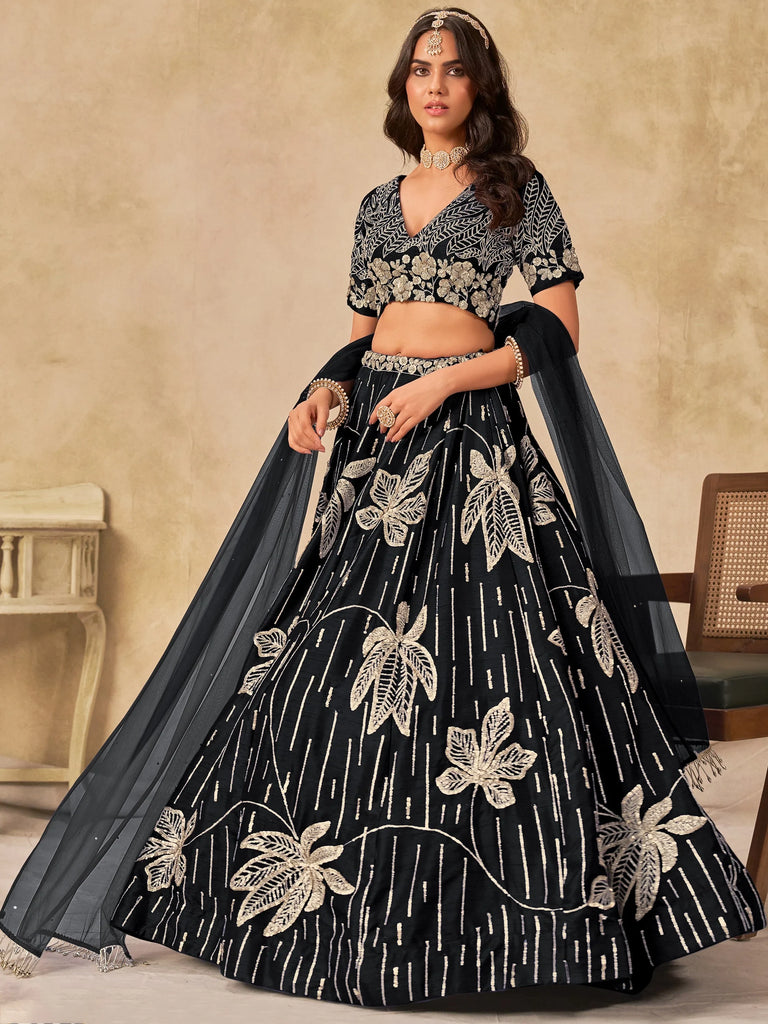 Charming Black Thread Embroidered Silk Wedding Wear Lehenga Choli