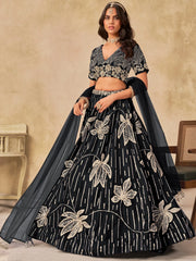 Charming Black Thread Embroidered Silk Wedding Wear Lehenga Choli