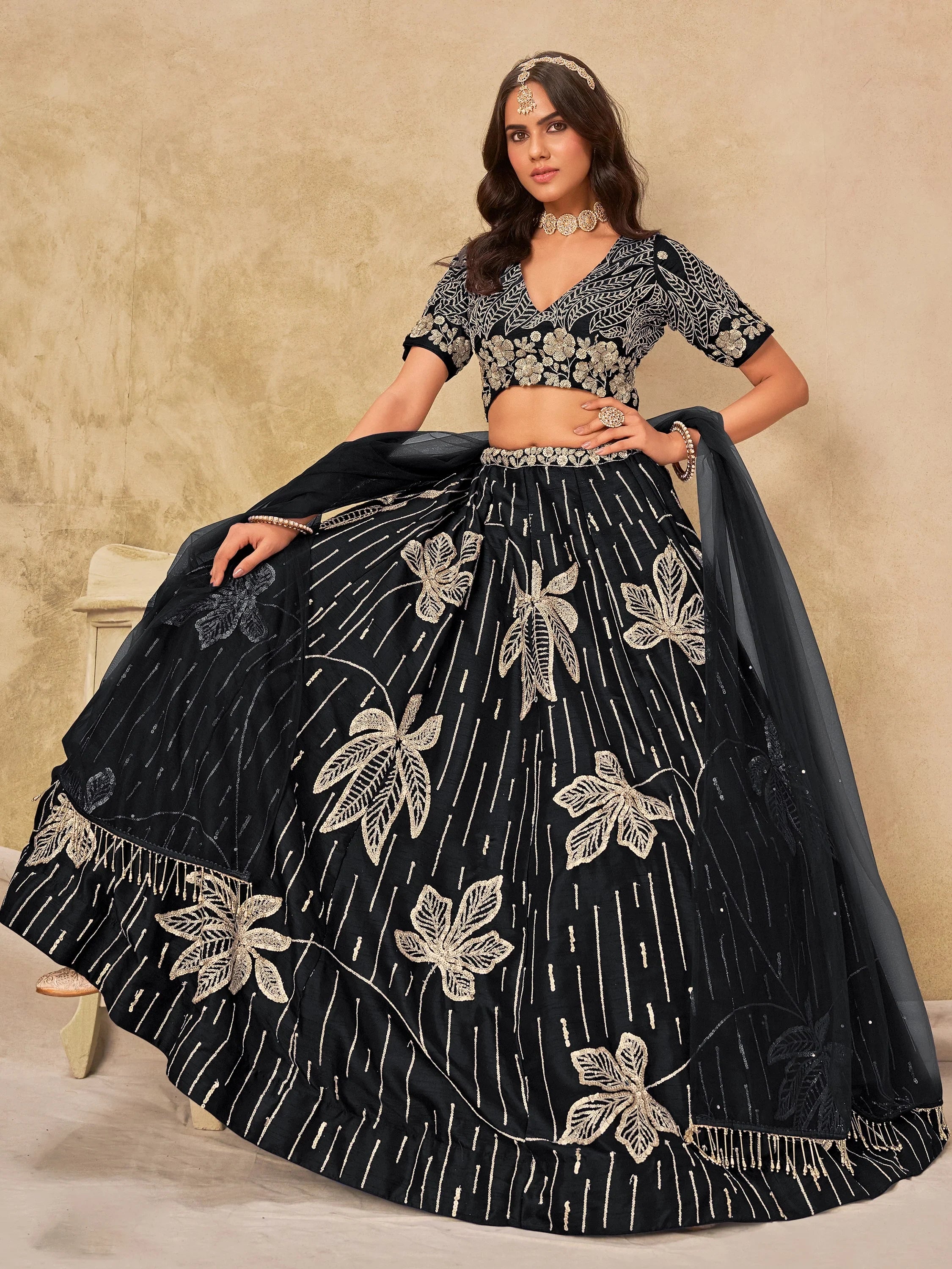 Charming Black Thread Embroidered Silk Wedding Wear Lehenga Choli