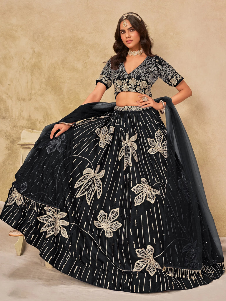 Charming Black Thread Embroidered Silk Wedding Wear Lehenga Choli