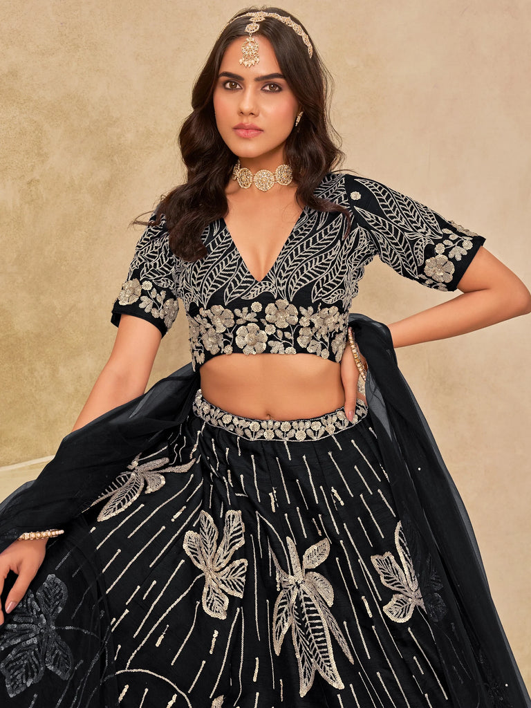 Charming Black Thread Embroidered Silk Wedding Wear Lehenga Choli