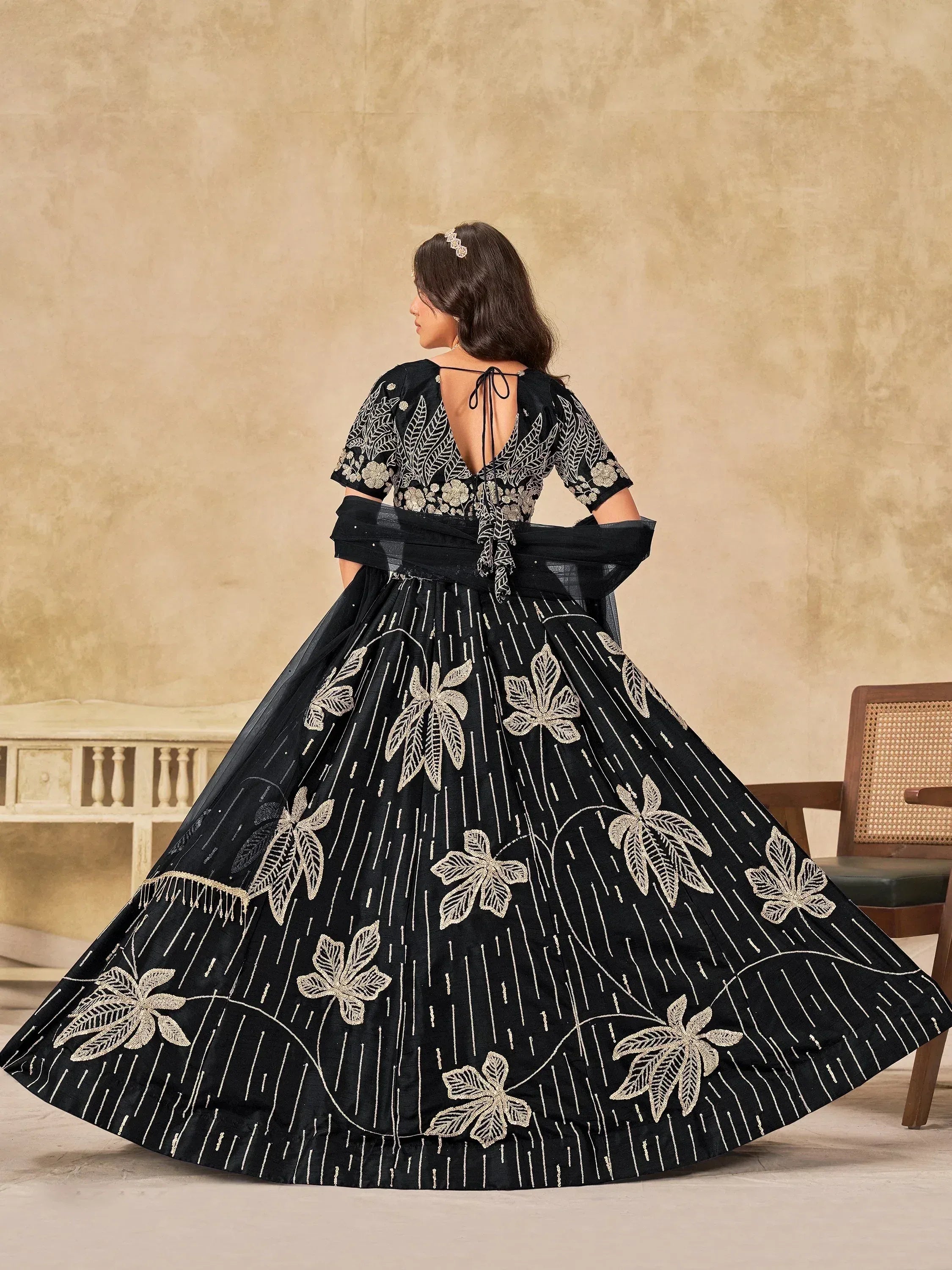 Charming Black Thread Embroidered Silk Wedding Wear Lehenga Choli