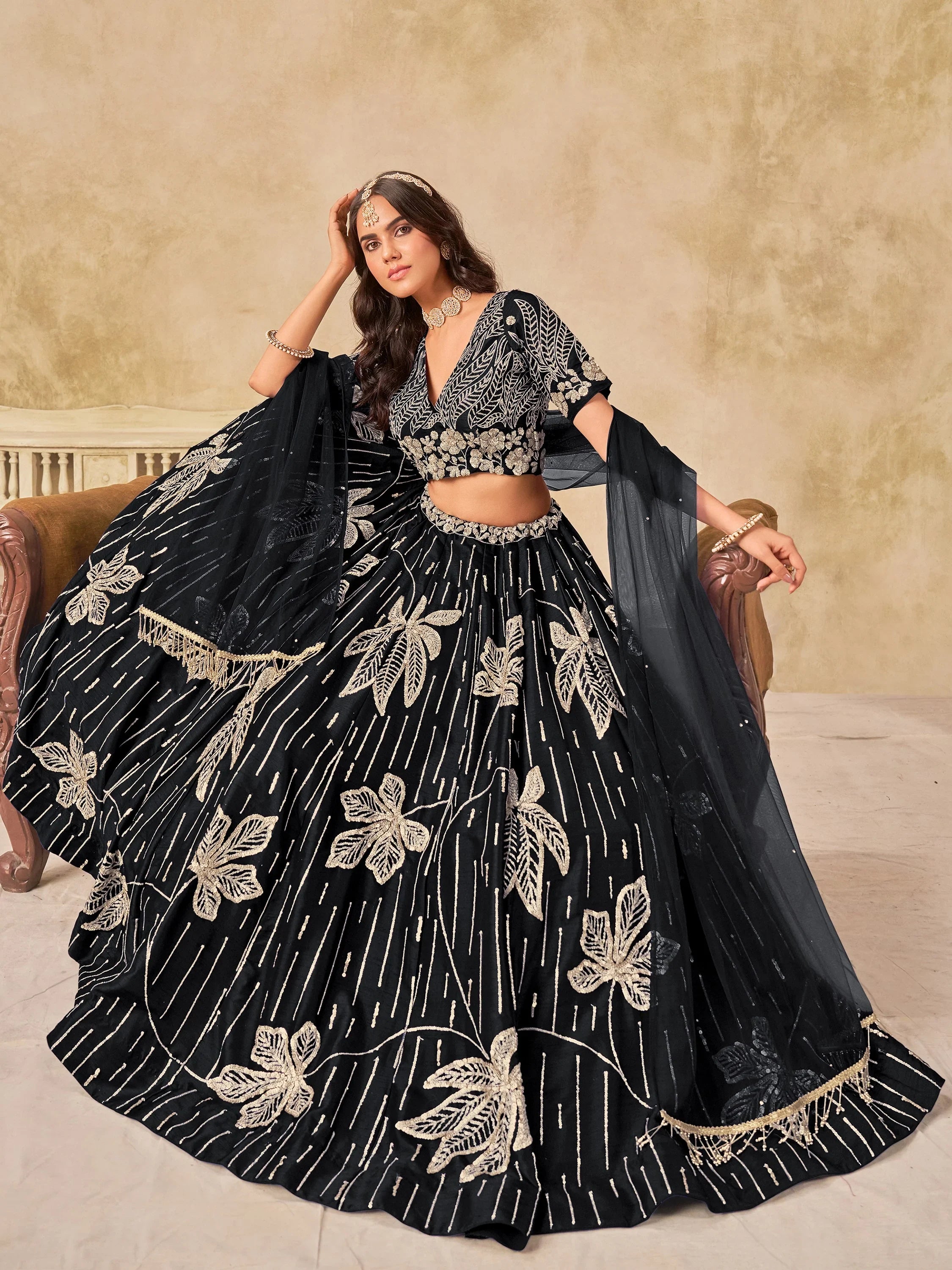 Charming Black Thread Embroidered Silk Wedding Wear Lehenga Choli