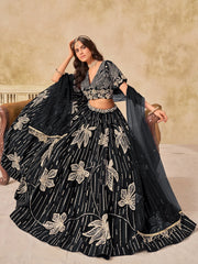 Charming Black Thread Embroidered Silk Wedding Wear Lehenga Choli