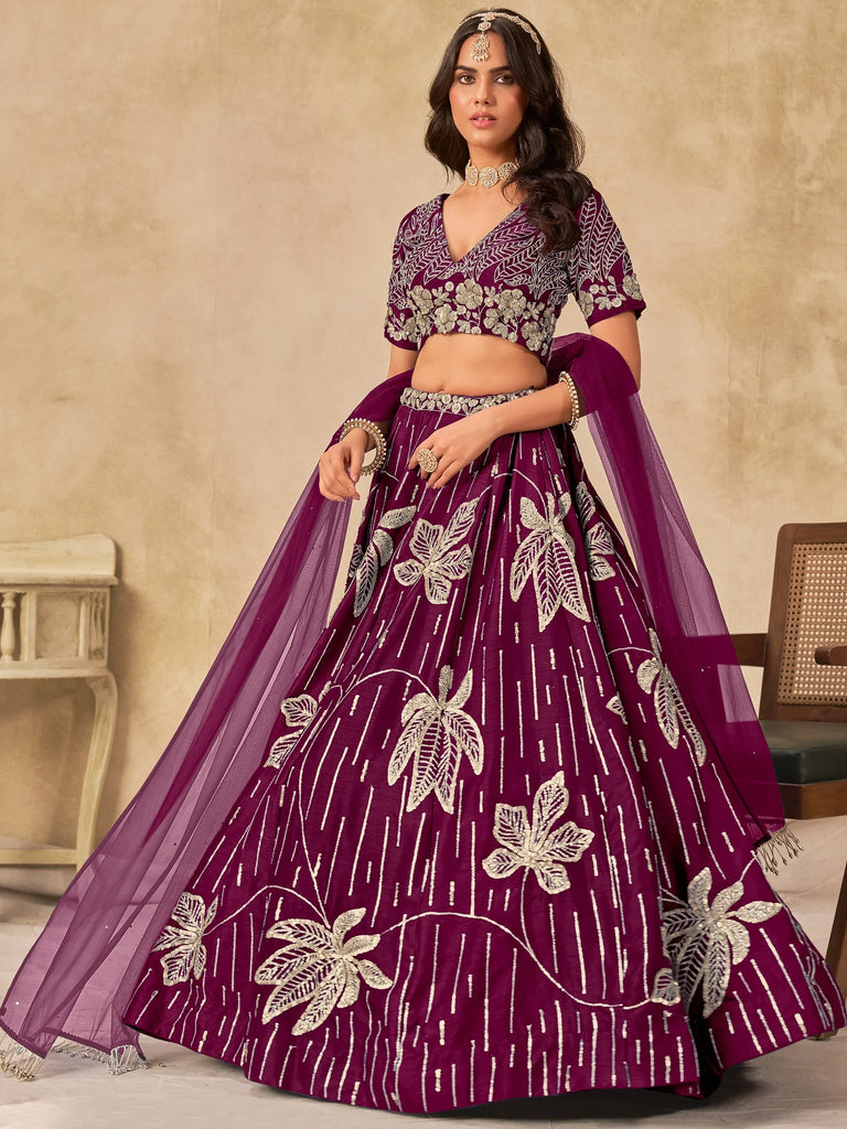 Dazzling Wine Thread Embroidered Silk Function Wear Lehenga Choli