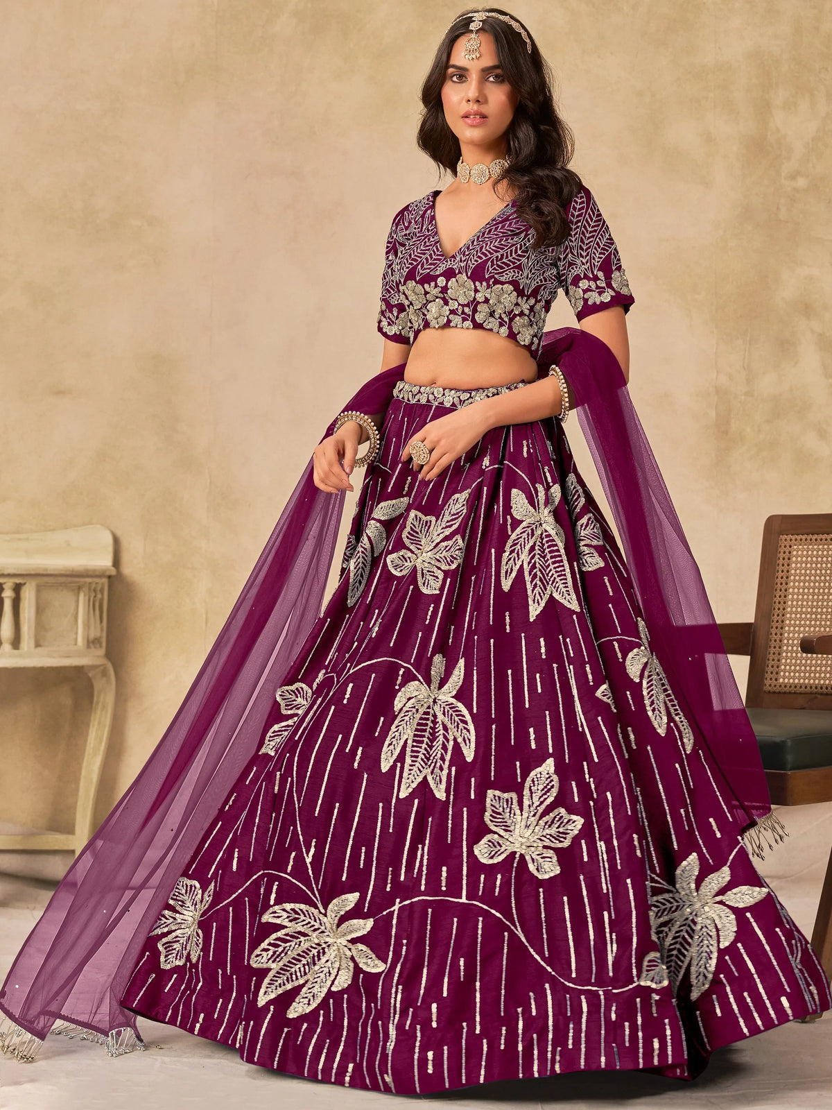 Dazzling Wine Thread Embroidered Silk Function Wear Lehenga Choli