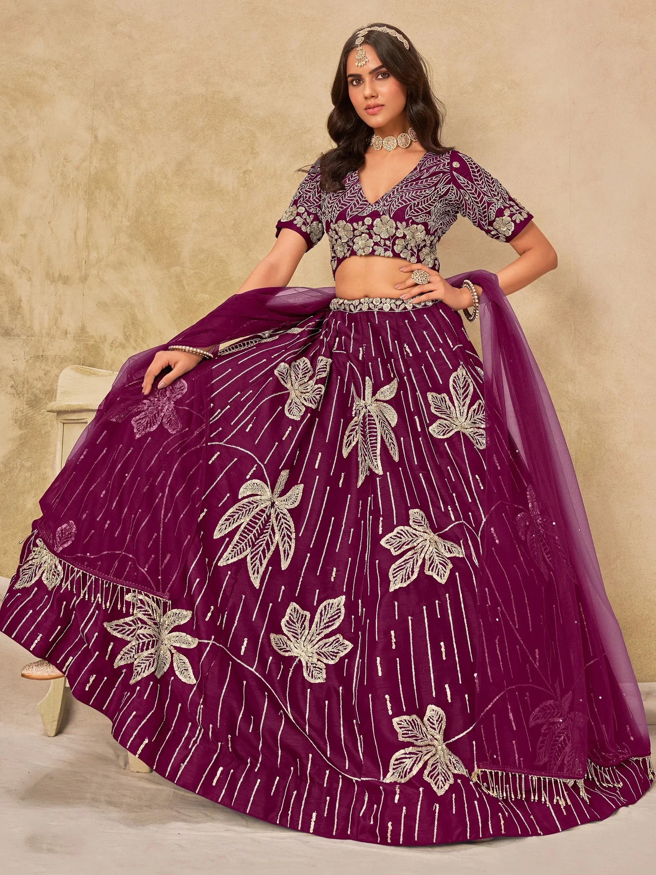 Dazzling Wine Thread Embroidered Silk Function Wear Lehenga Choli
