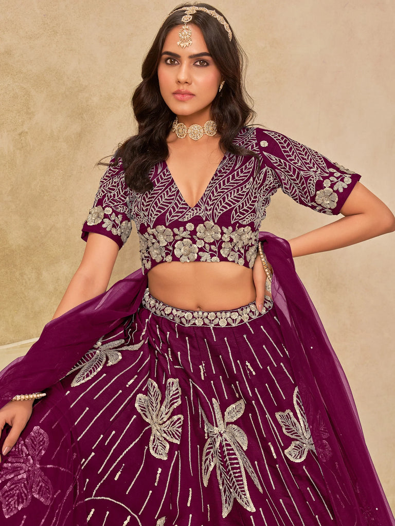 Dazzling Wine Thread Embroidered Silk Function Wear Lehenga Choli