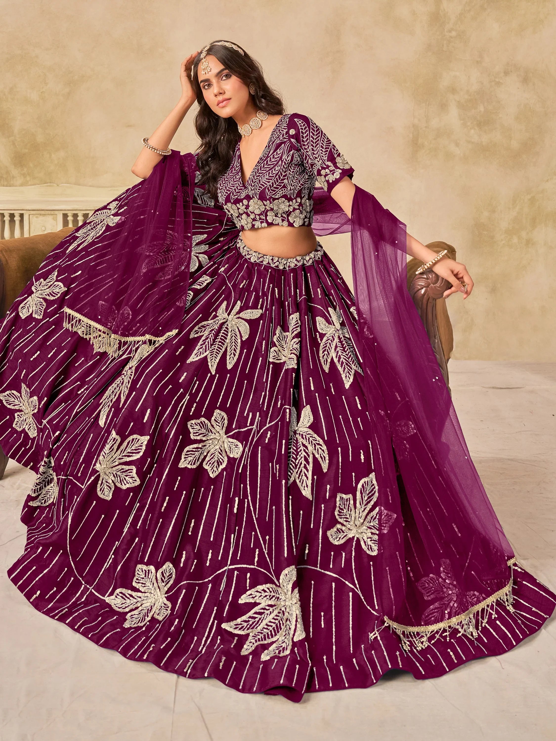 Dazzling Wine Thread Embroidered Silk Function Wear Lehenga Choli